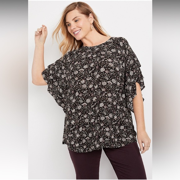 Maurices Black Floral Flutter Top 2X Woven Knit Ditsy - Picture 1 of 6